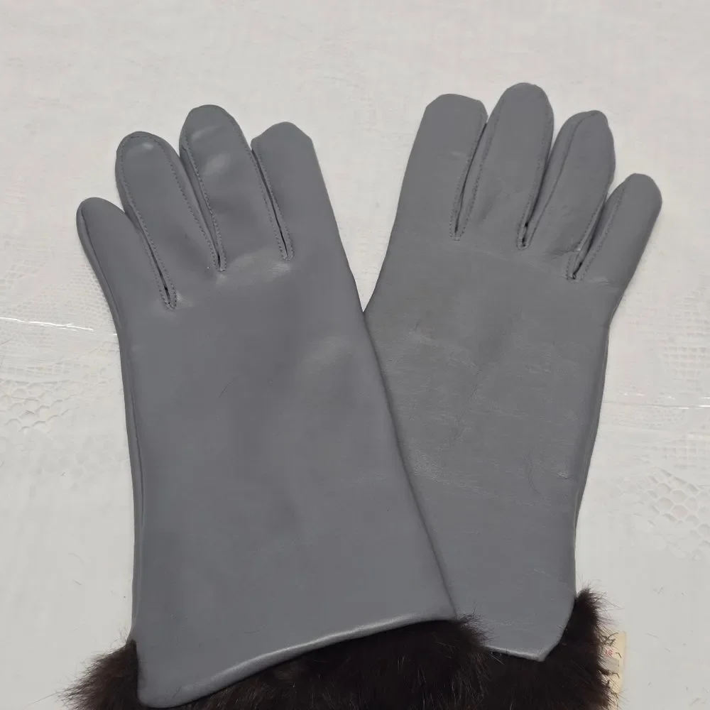 Vintage Van Raalte Real Rabbit Fur and Faux Leather Gray Womens Gloves XS/S NWT